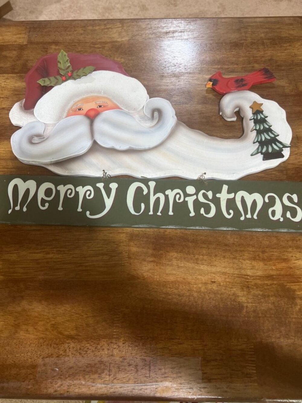 Vtg Solid Wood & Metal Santa Merry Christmas XL Sign Hand Painted Stacked Wood